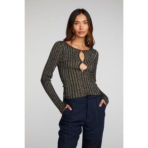 CHASER NEW Lurex Rib Knit Open Keyhole Long sleeved Black Gold size SMALL